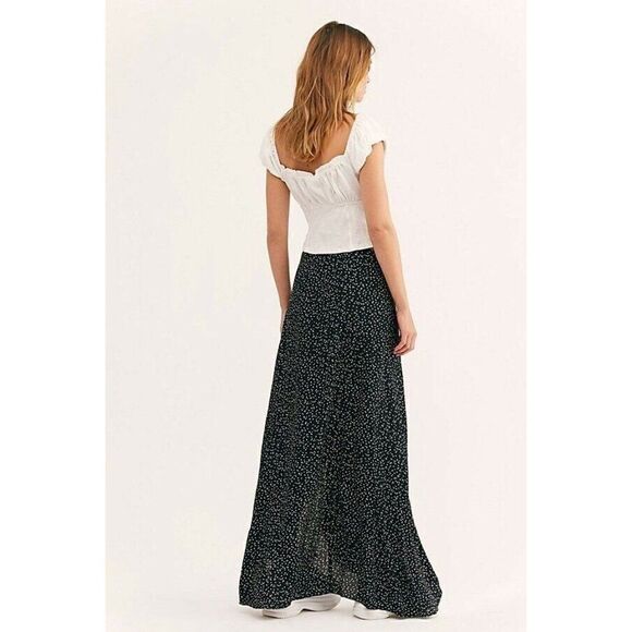 NEW FREE PEOPLE FLYNN SKYE Sz XS WRAP IT UP LONG SLIT PRINTED MAXI SKIRT BLACK - Picture 2 of 2